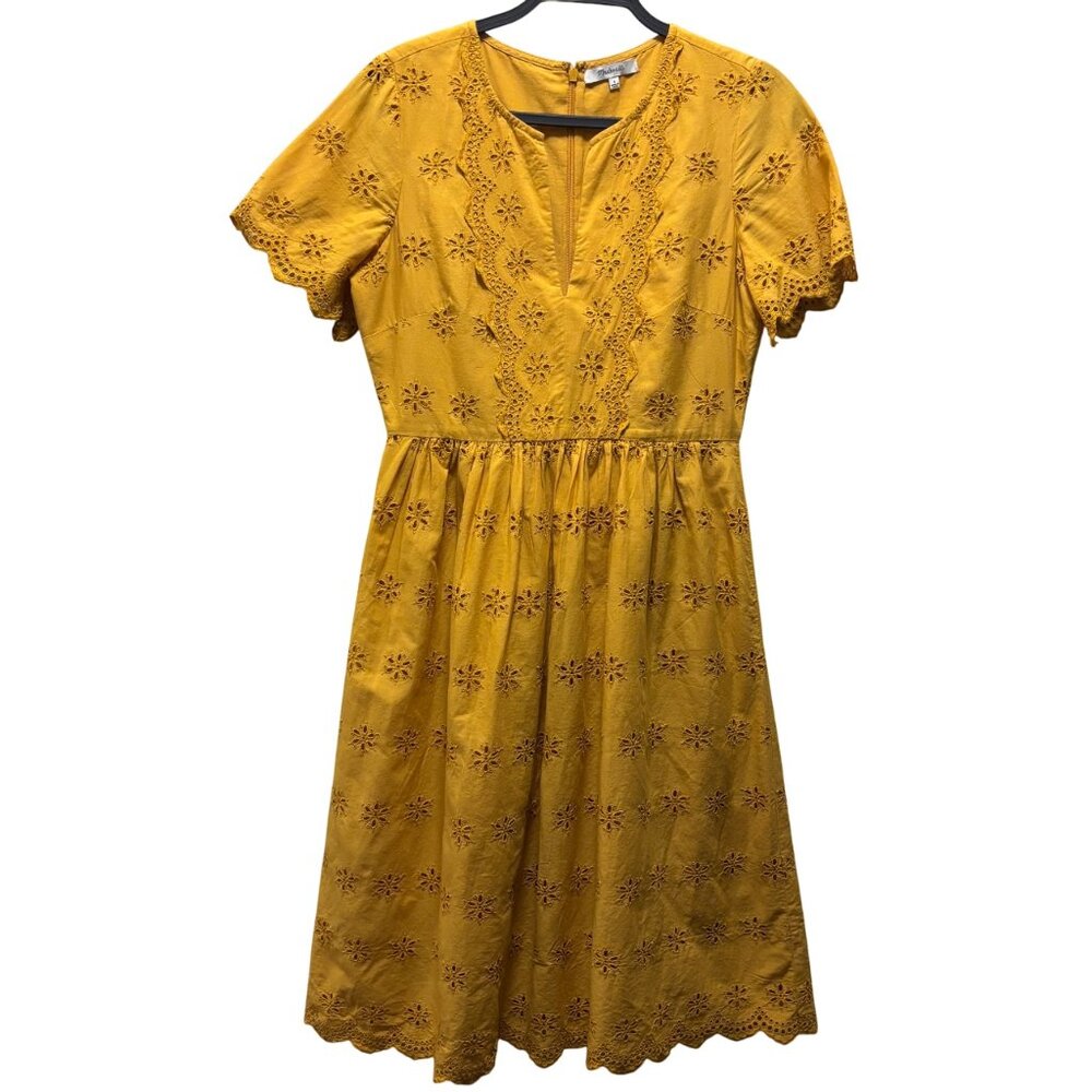 Madewell Womens Scalloped Eyelet Midi Dress Yellow  Short Sleeve Size 4